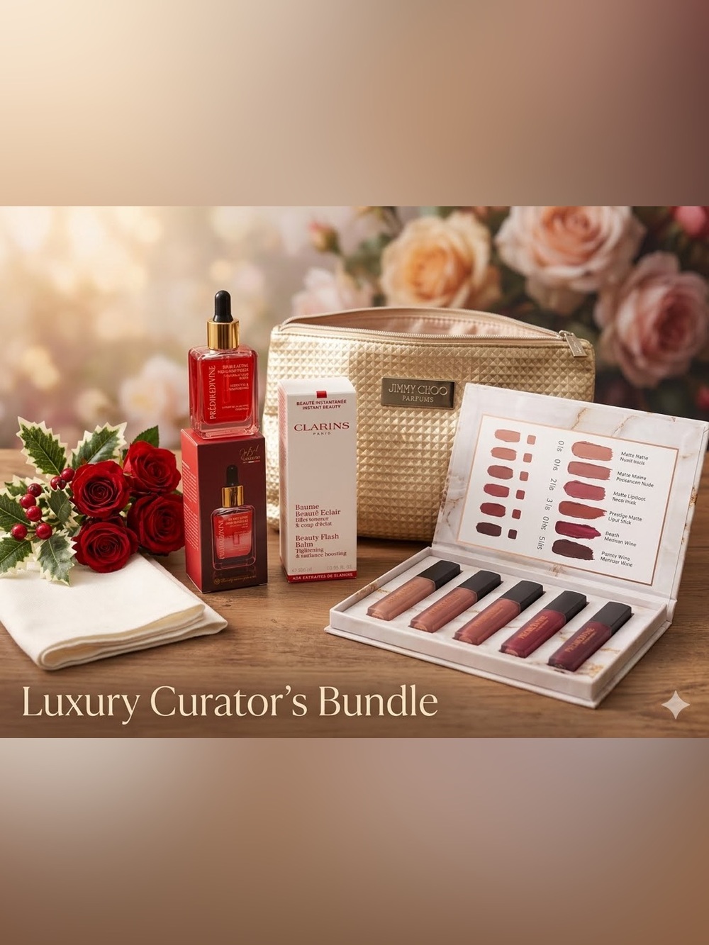 Jimmy Choo Cosmetic Pouch with Clarins, Prédiré Paris & La Prestige Lip Set